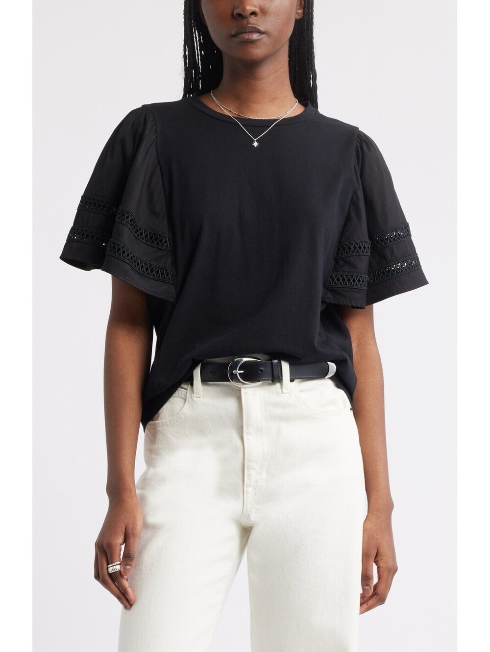 Treasure & Bond Women's Black Knit Top Flutter Sleeve Large